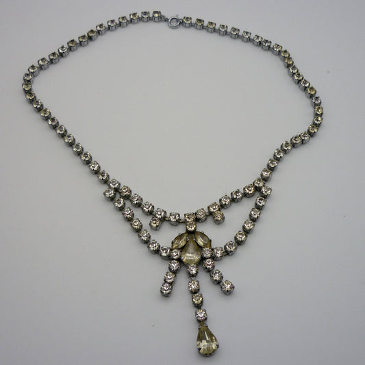 Vintage Diamante Drop  Necklace, Foil Backed Rhinestone and Silver Tone Fifties Jewellery