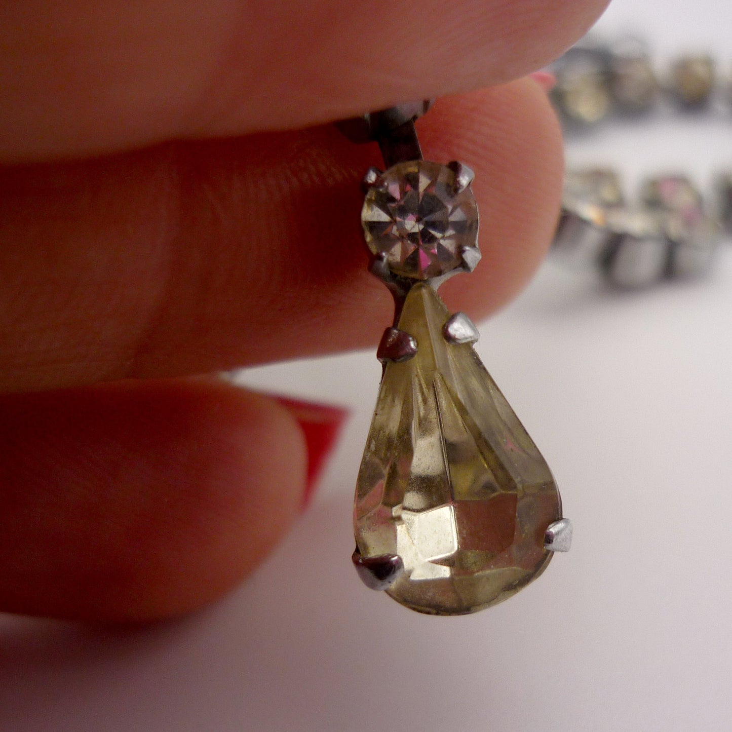 Vintage Diamante Drop  Necklace, Foil Backed Rhinestone and Silver Tone Fifties Jewellery