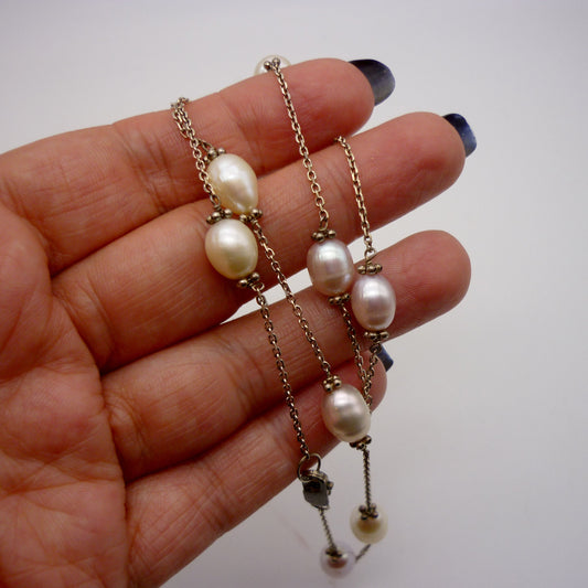 Silver & Pearl Satellite Chain Necklace and Bracelet Set