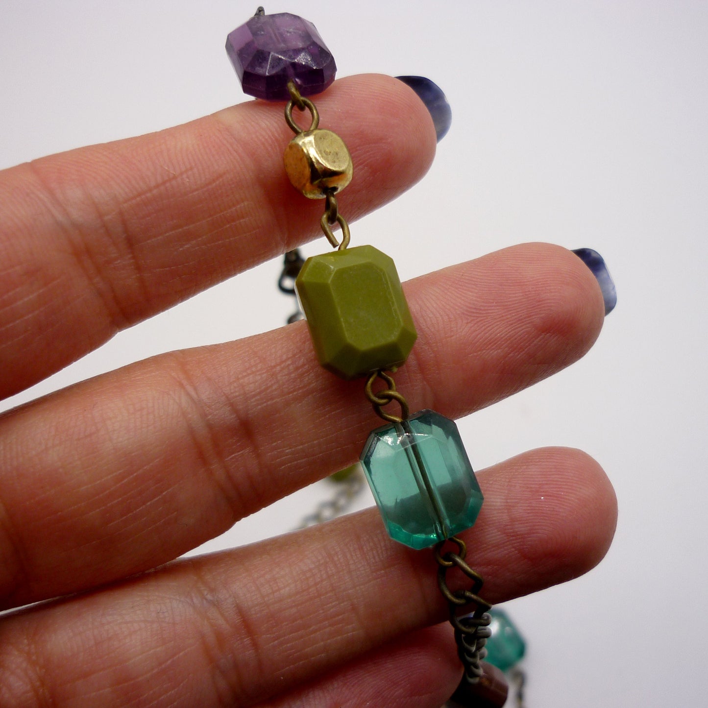 Long Chain Necklace with Colourful Emerald Cut Beads