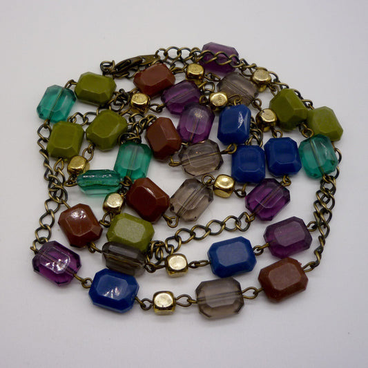 Long Chain Necklace with Colourful Emerald Cut Beads