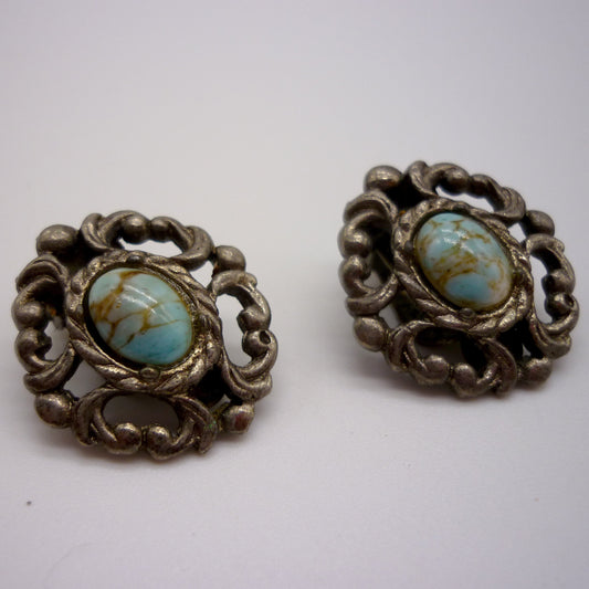 Vintage Costume Silver and Turquoise Clip On Earings