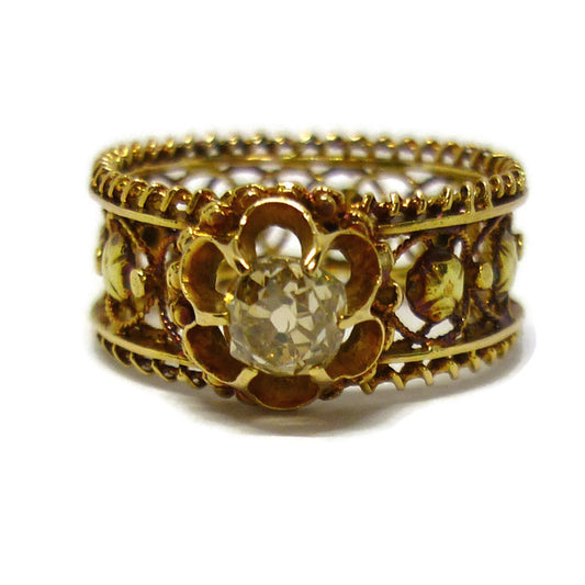 Victorian Mine Cut Champagne Diamond Ring: Rose Gold Filigree, Size 5