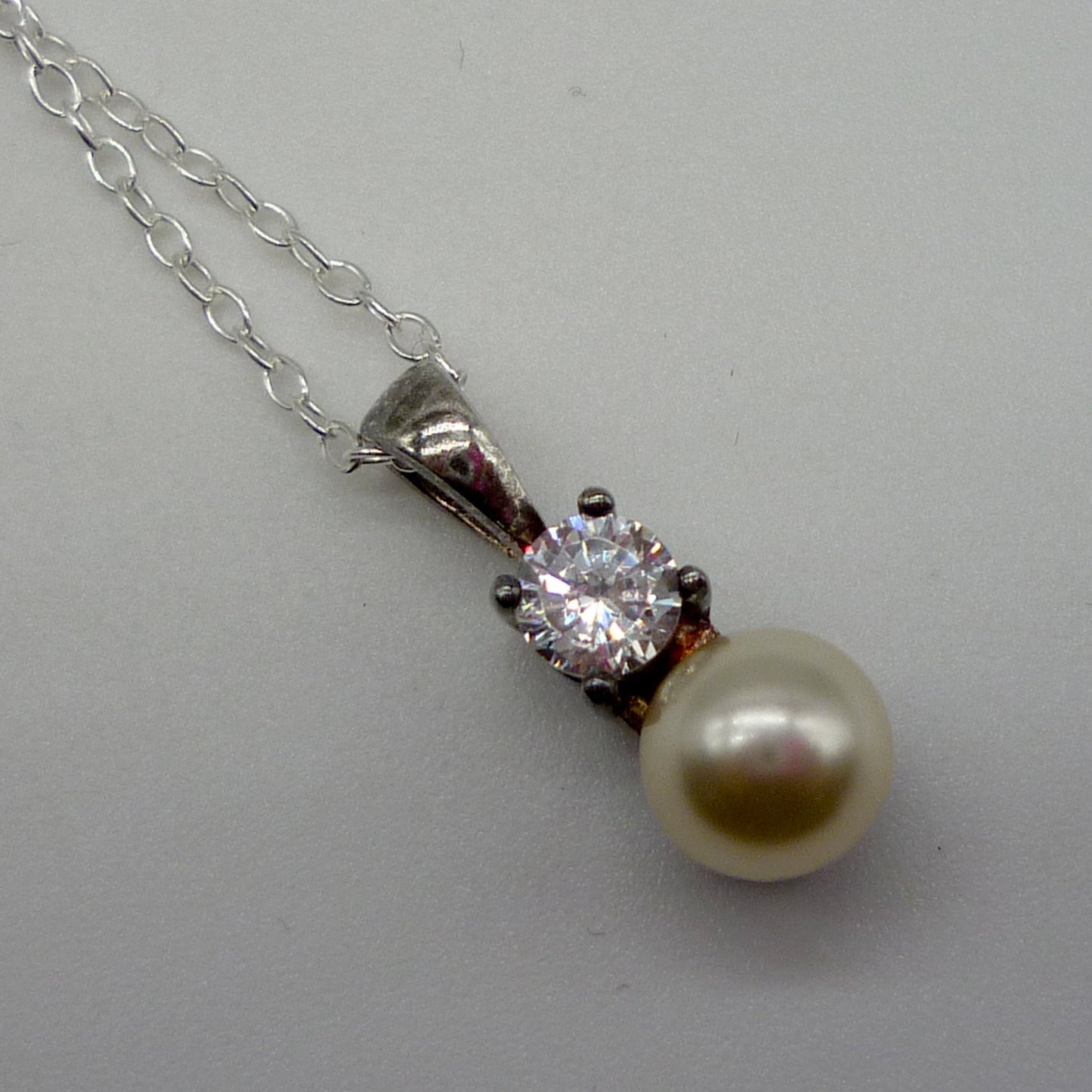 Vintage Costume Pearl and Diamond Pendant on a Sterling Silver Chain