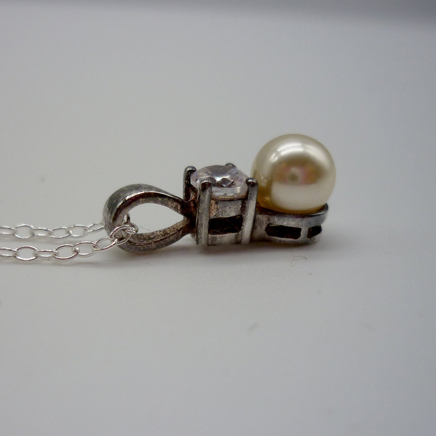 Vintage Costume Pearl and Diamond Pendant on a Sterling Silver Chain