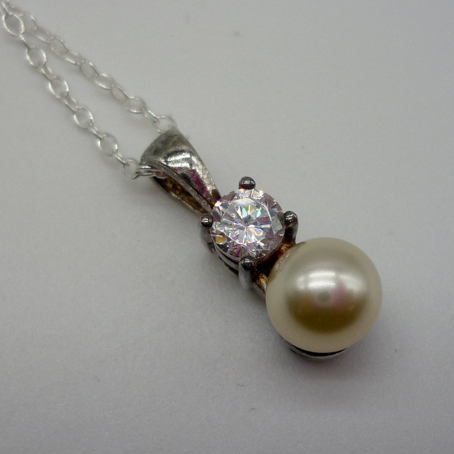 Vintage Costume Pearl and Diamond Pendant on a Sterling Silver Chain