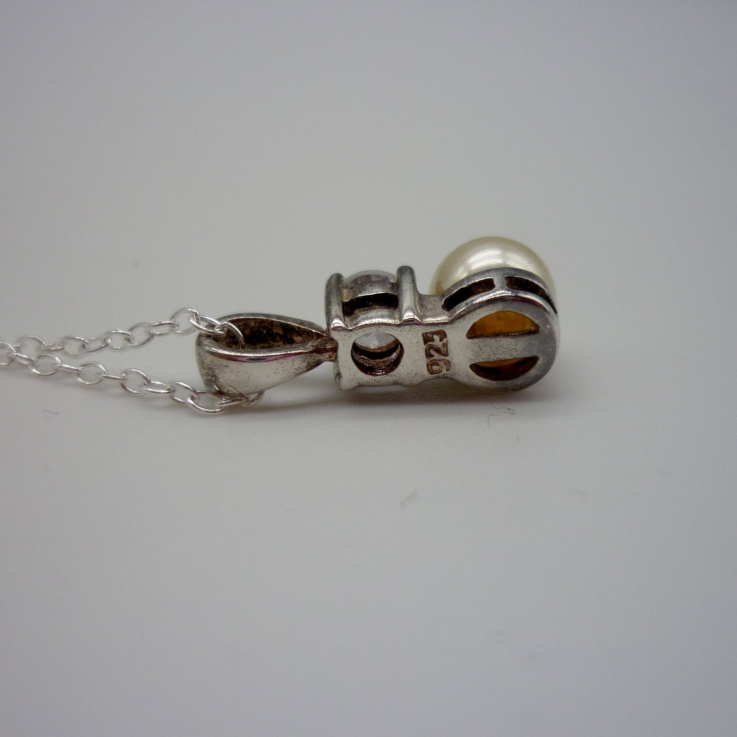 Vintage Costume Pearl and Diamond Pendant on a Sterling Silver Chain