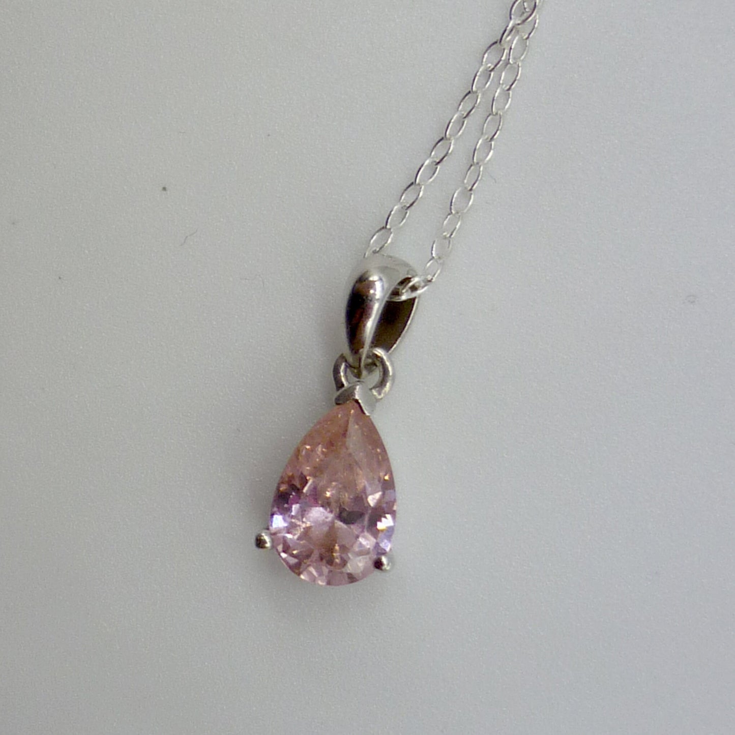 Dainty Silver Pendant set with Pink Tear Drop Gemstone on a Thin Sterling Chain