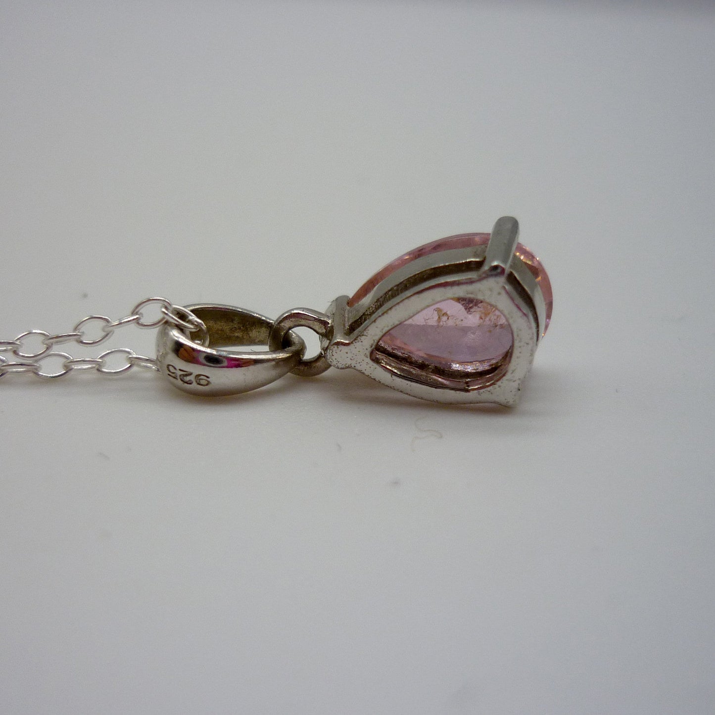 Dainty Silver Pendant set with Pink Tear Drop Gemstone on a Thin Sterling Chain