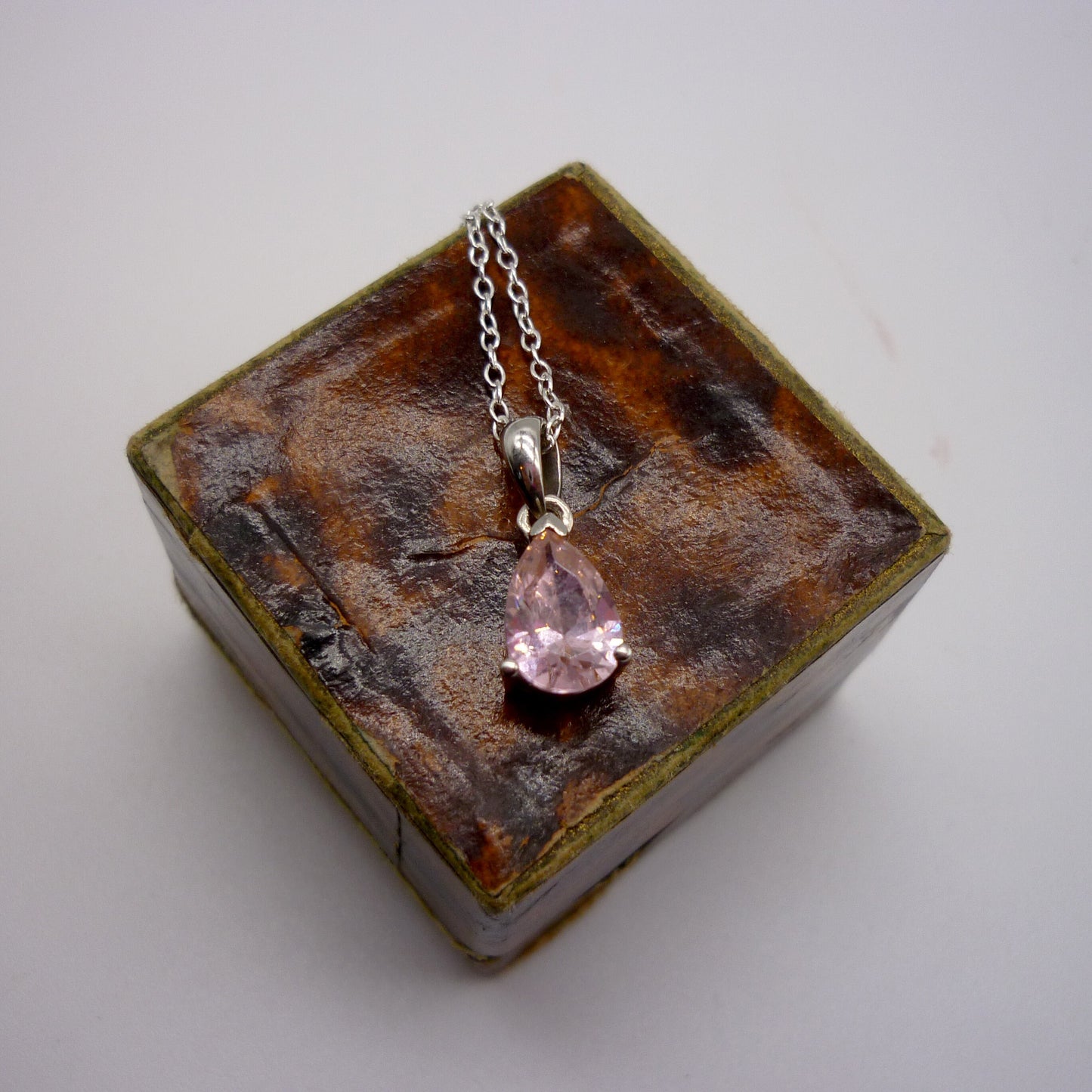 Dainty Silver Pendant set with Pink Tear Drop Gemstone on a Thin Sterling Chain