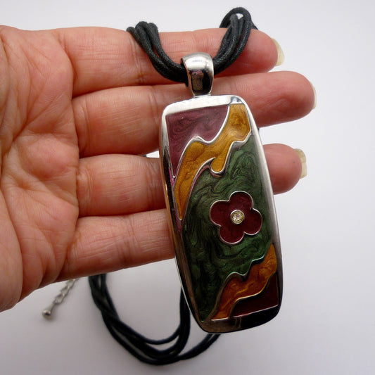 Matching Large Rectangle Floral Pendant and Earrings in Autumnal Colours