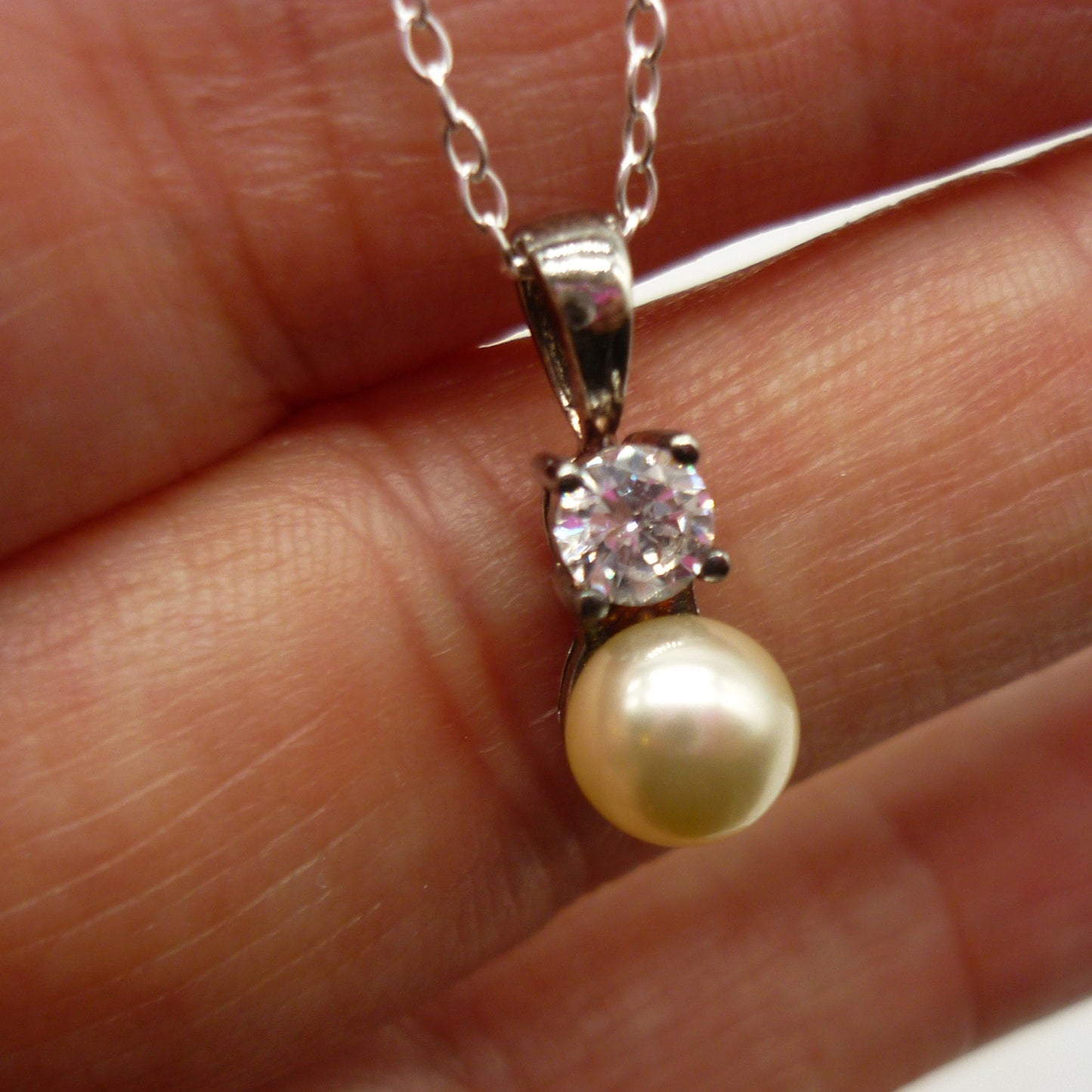 Vintage Costume Pearl and Diamond Pendant on a Sterling Silver Chain