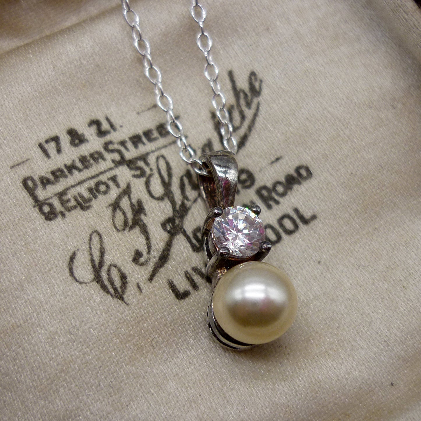 Vintage Costume Pearl and Diamond Pendant on a Sterling Silver Chain