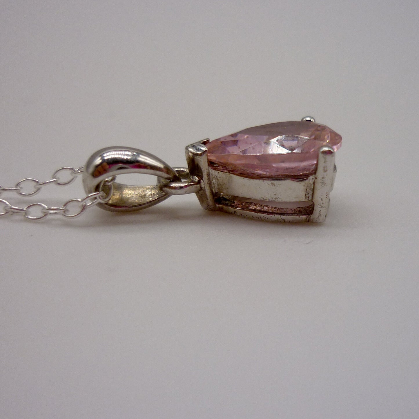 Dainty Silver Pendant set with Pink Tear Drop Gemstone on a Thin Sterling Chain