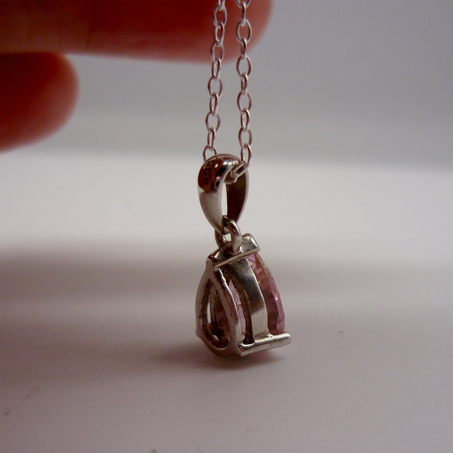 Dainty Silver Pendant set with Pink Tear Drop Gemstone on a Thin Sterling Chain