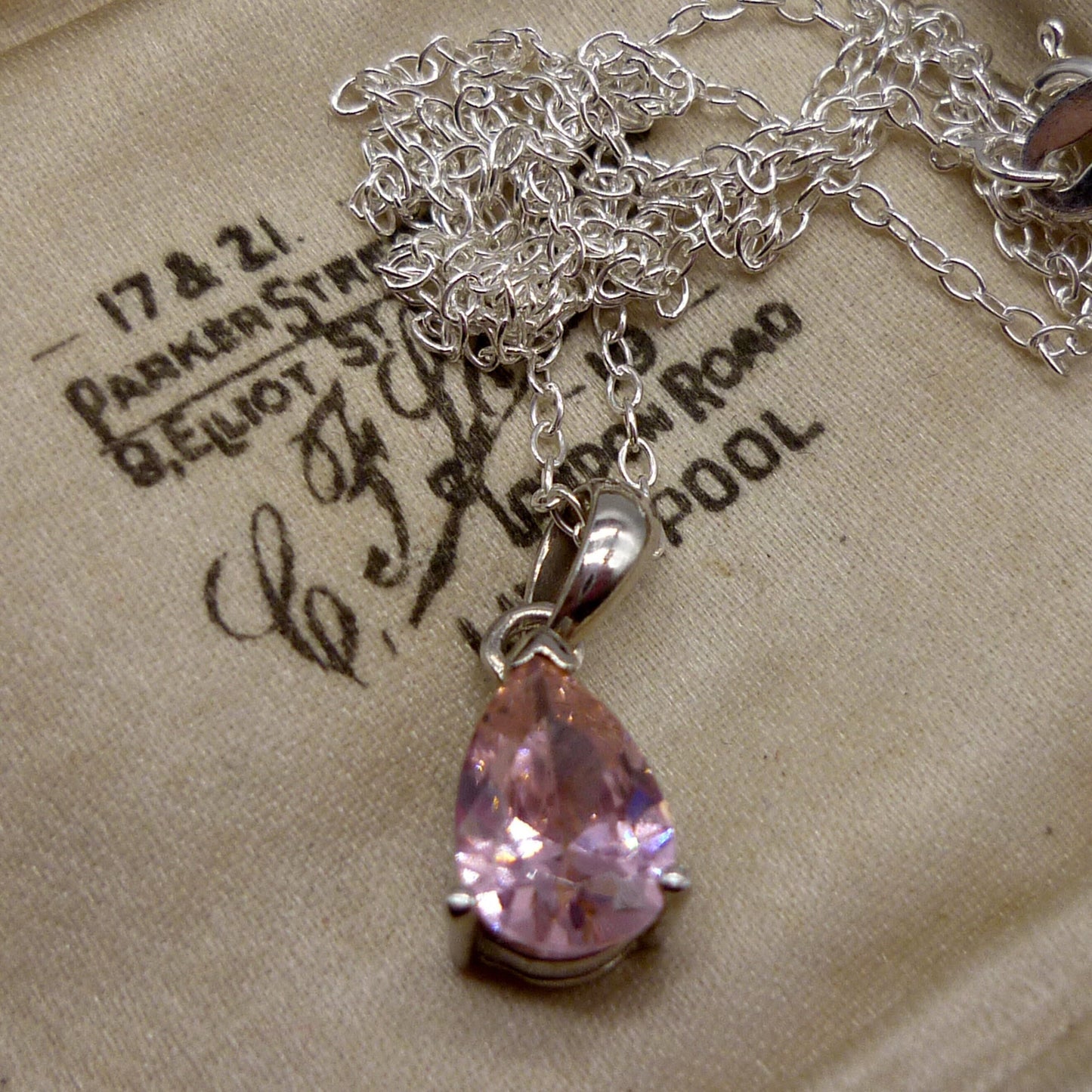 Dainty Silver Pendant set with Pink Tear Drop Gemstone on a Thin Sterling Chain