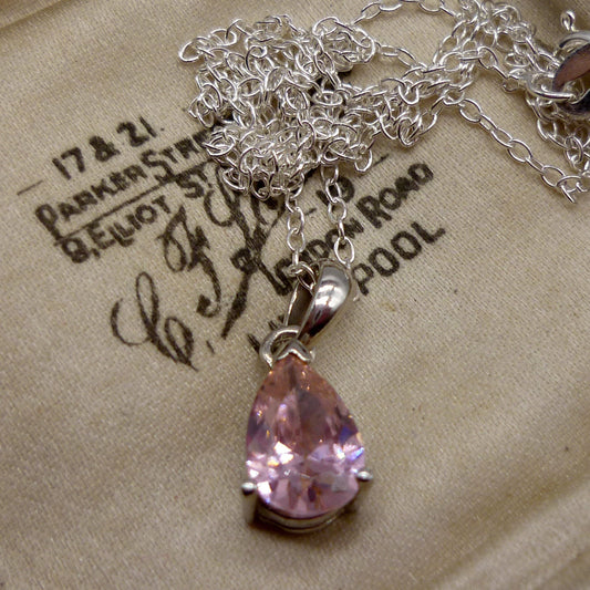 Dainty Silver Pendant set with Pink Tear Drop Gemstone on a Thin Sterling Chain
