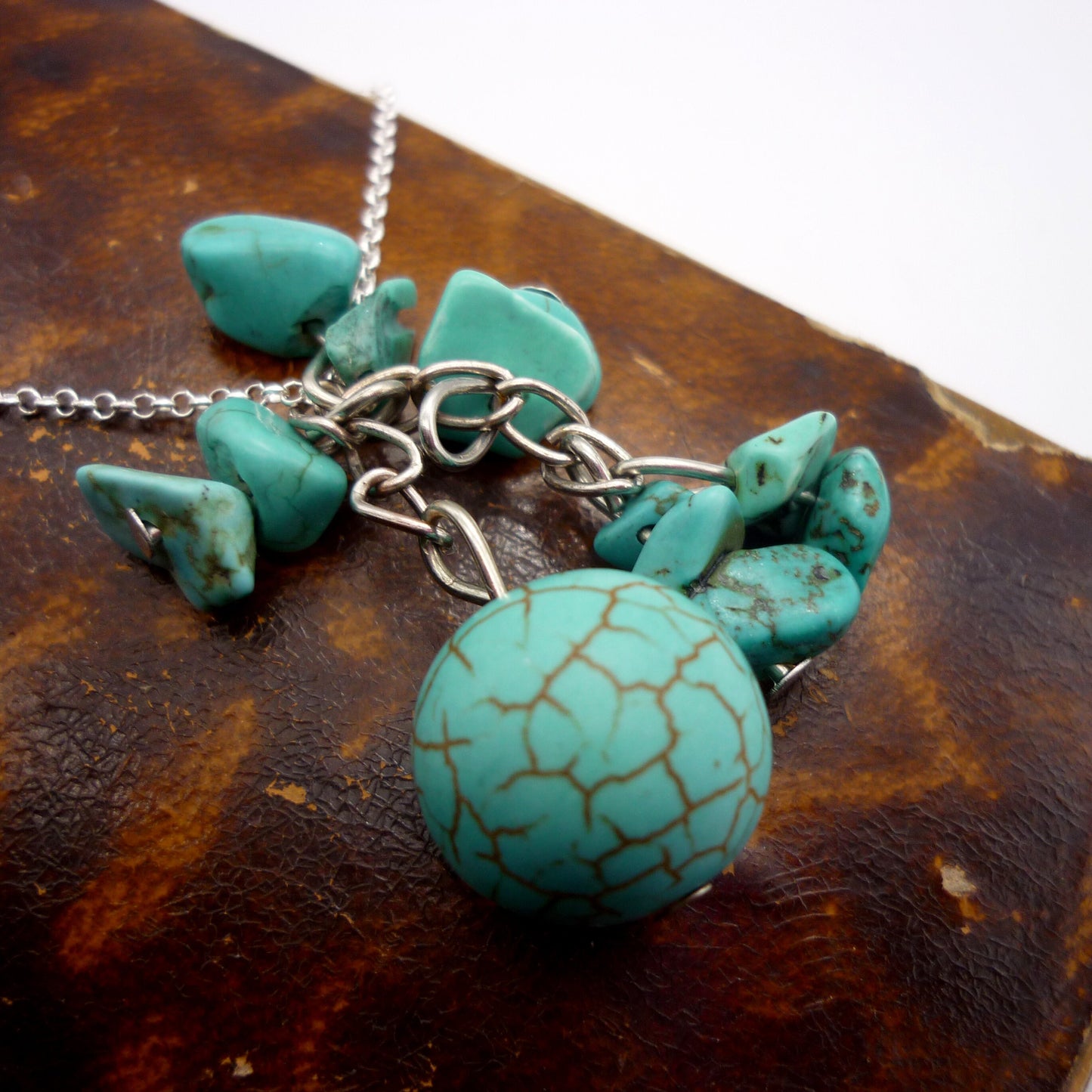 Vintage Costume Turquoise Beaded Pendant on Dainty Silver Belcher Chain