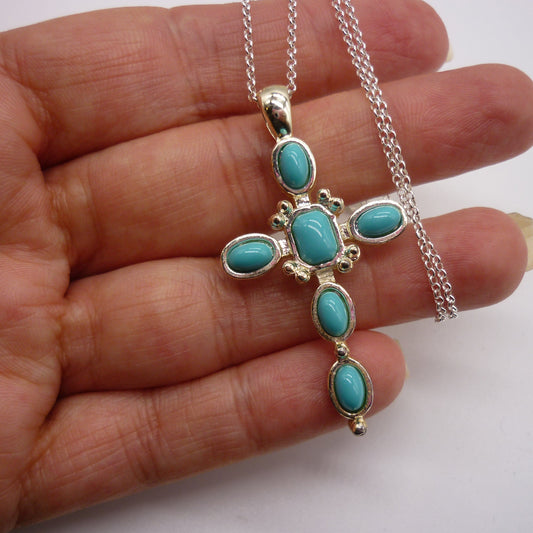 Silver Tone and Faux Turquoise Cross on 925 Sterling Belcher Chain
