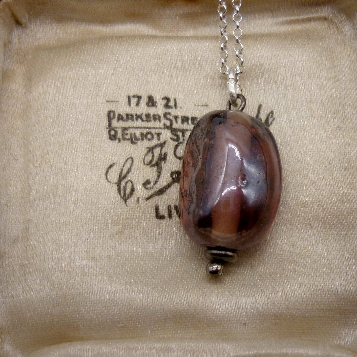 Vintage Purple Glass Bead Pendant on Thin Silver Belcher Chain