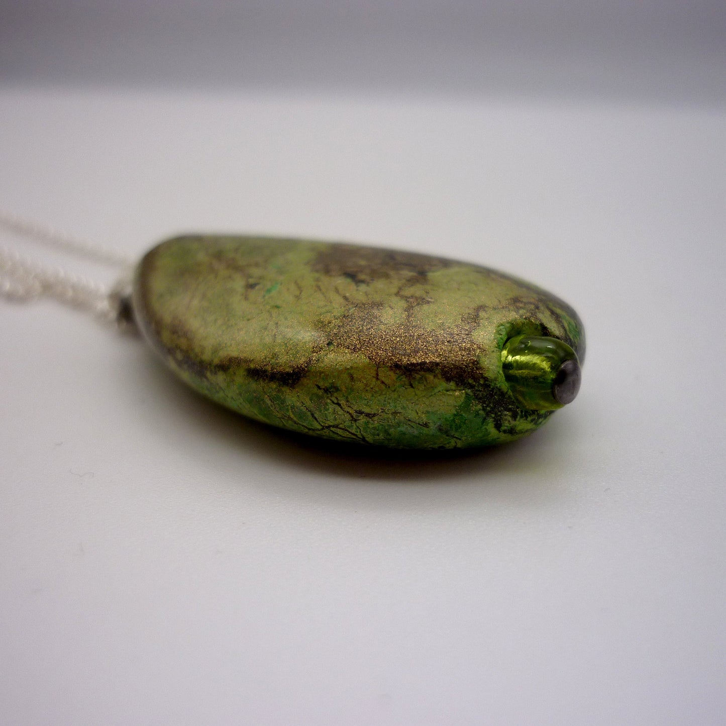 Vintage Marbled Green Teardrop Stone Pendant on Dainty Silver Belcher Chain