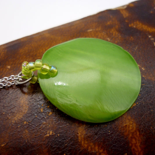 Vintage Small Round Green Shell Disc Pendant on Dainty Silver Chain