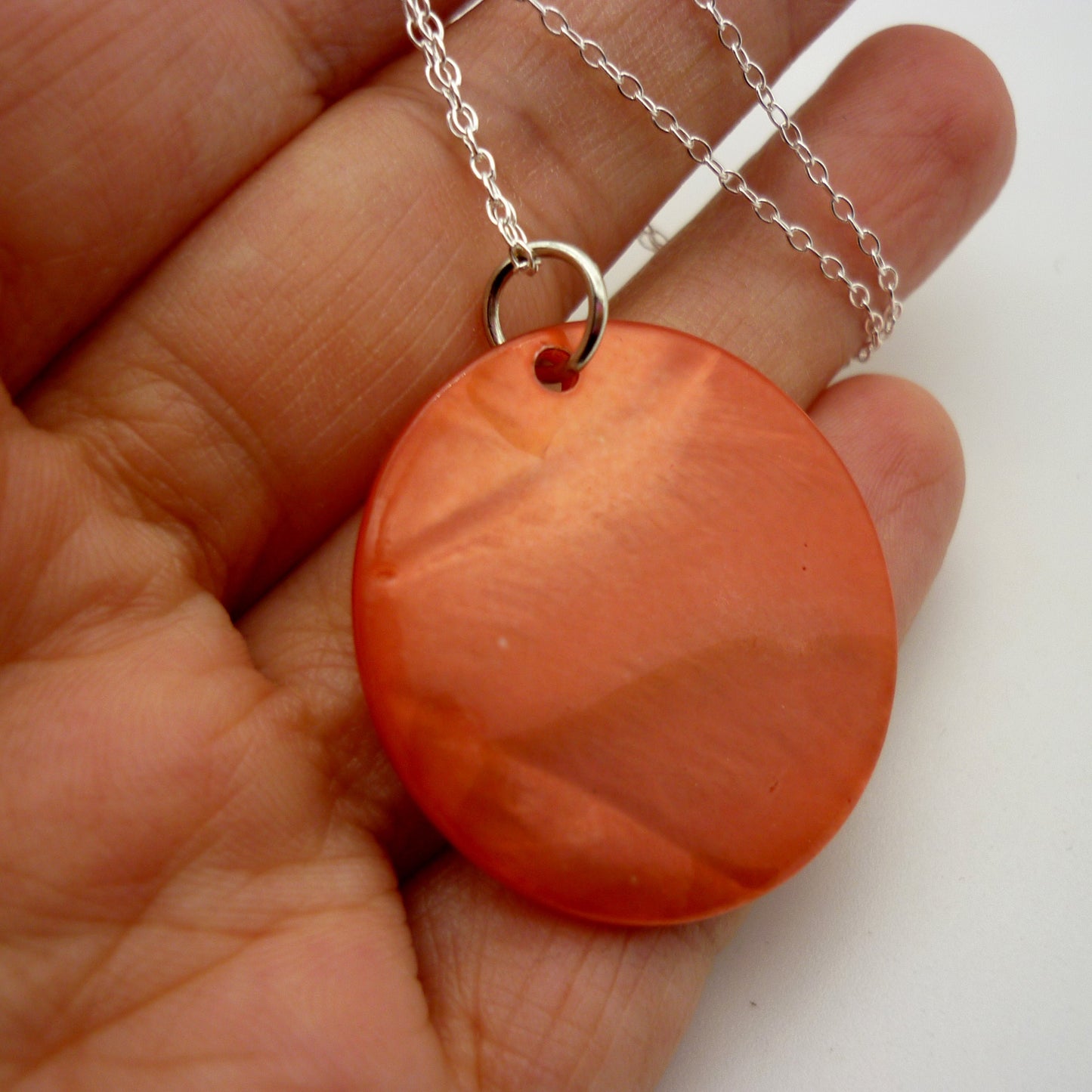 Vintage Orange Round Shell Disc Pendant on Dainty Silver Chain