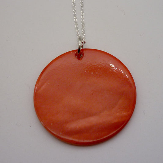 Vintage Orange Round Shell Disc Pendant on Dainty Silver Chain