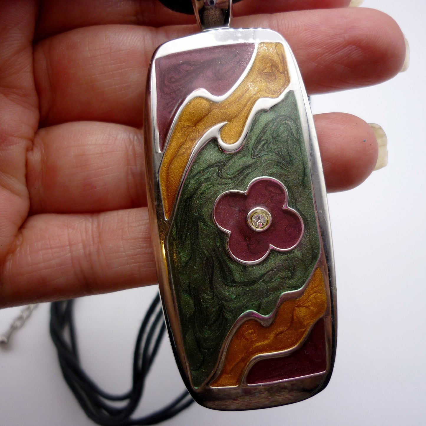 Matching Large Rectangle Floral Pendant and Earrings in Autumnal Colours