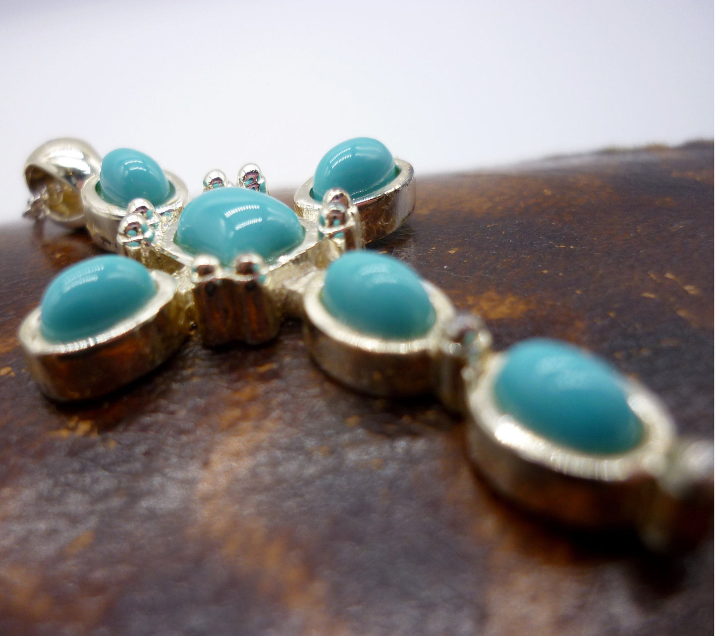 Silver Tone and Faux Turquoise Cross on 925 Sterling Belcher Chain