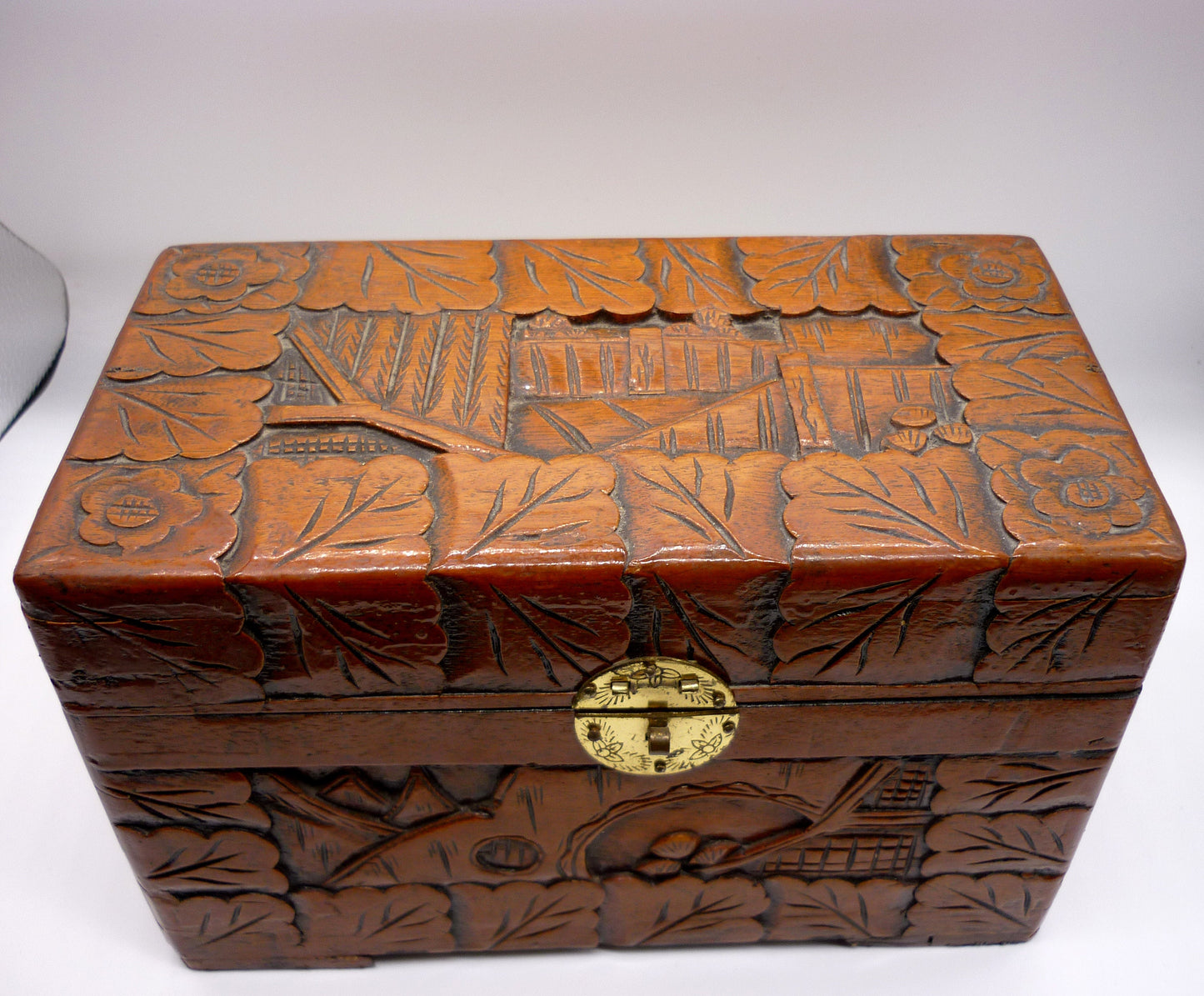 Antique Hand Carved Camphor Wooden Box: Asian Trinket Jewelry Case