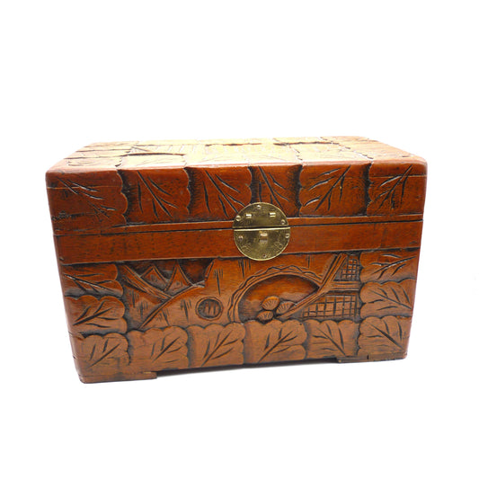 Antique Hand Carved Camphor Wooden Box: Asian Trinket Jewelry Case