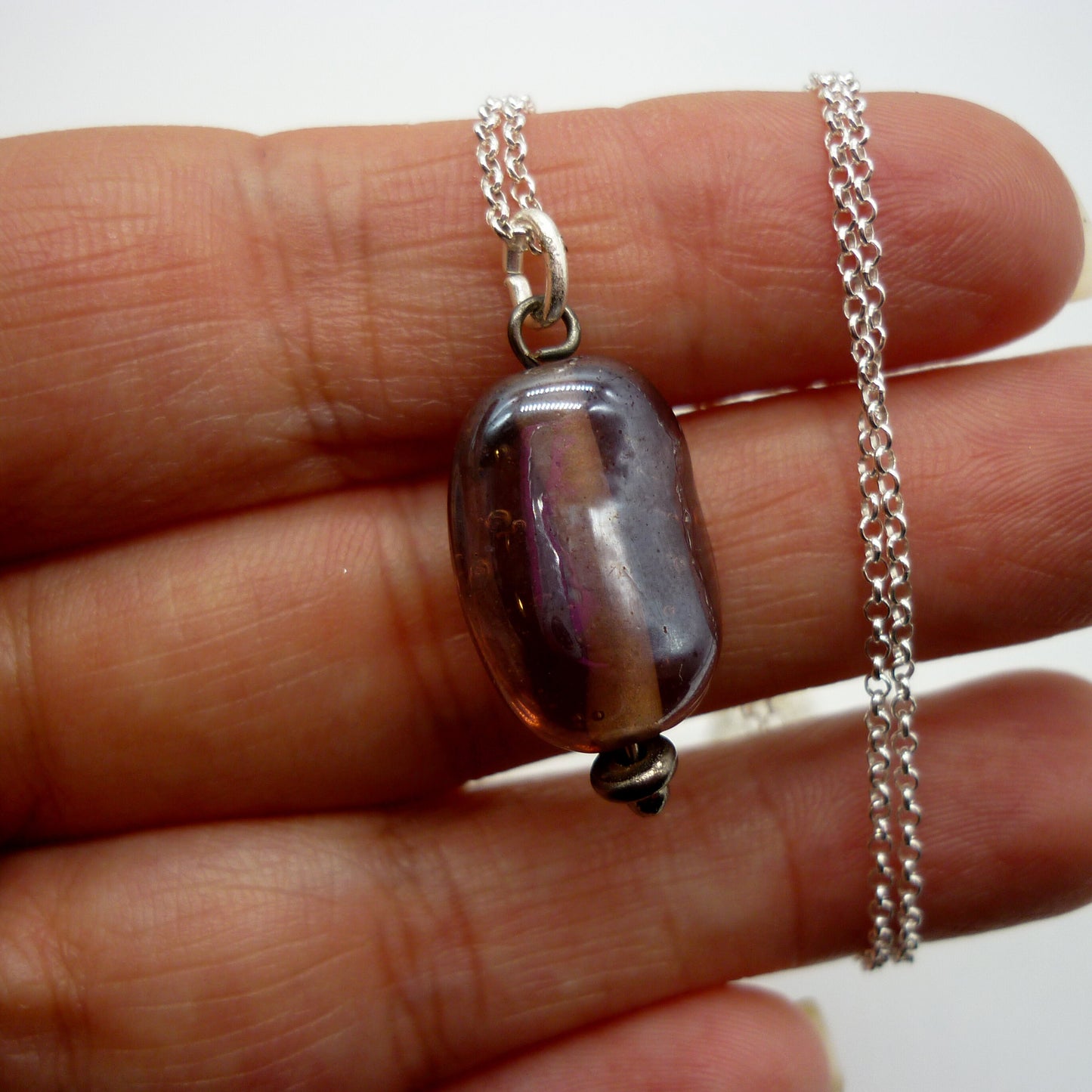 Vintage Purple Glass Bead Pendant on Thin Silver Belcher Chain
