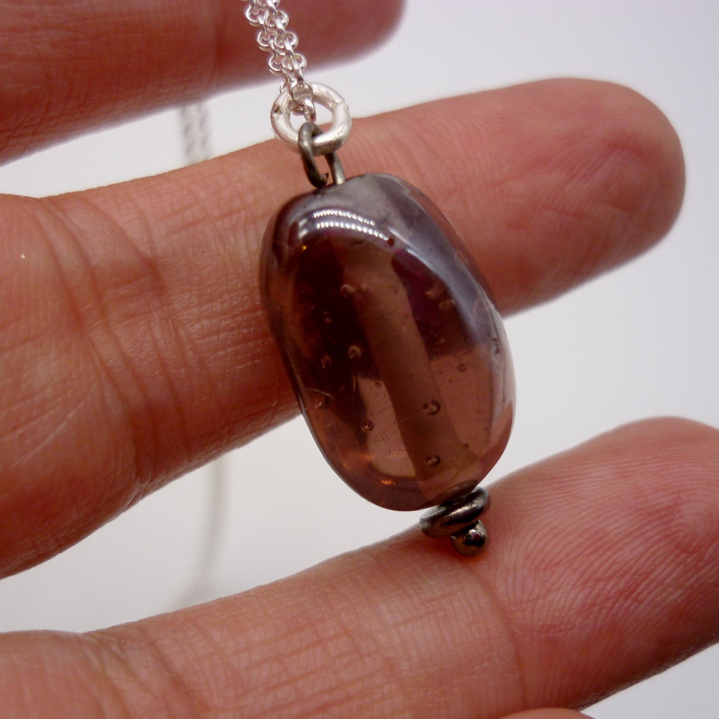 Vintage Purple Glass Bead Pendant on Thin Silver Belcher Chain