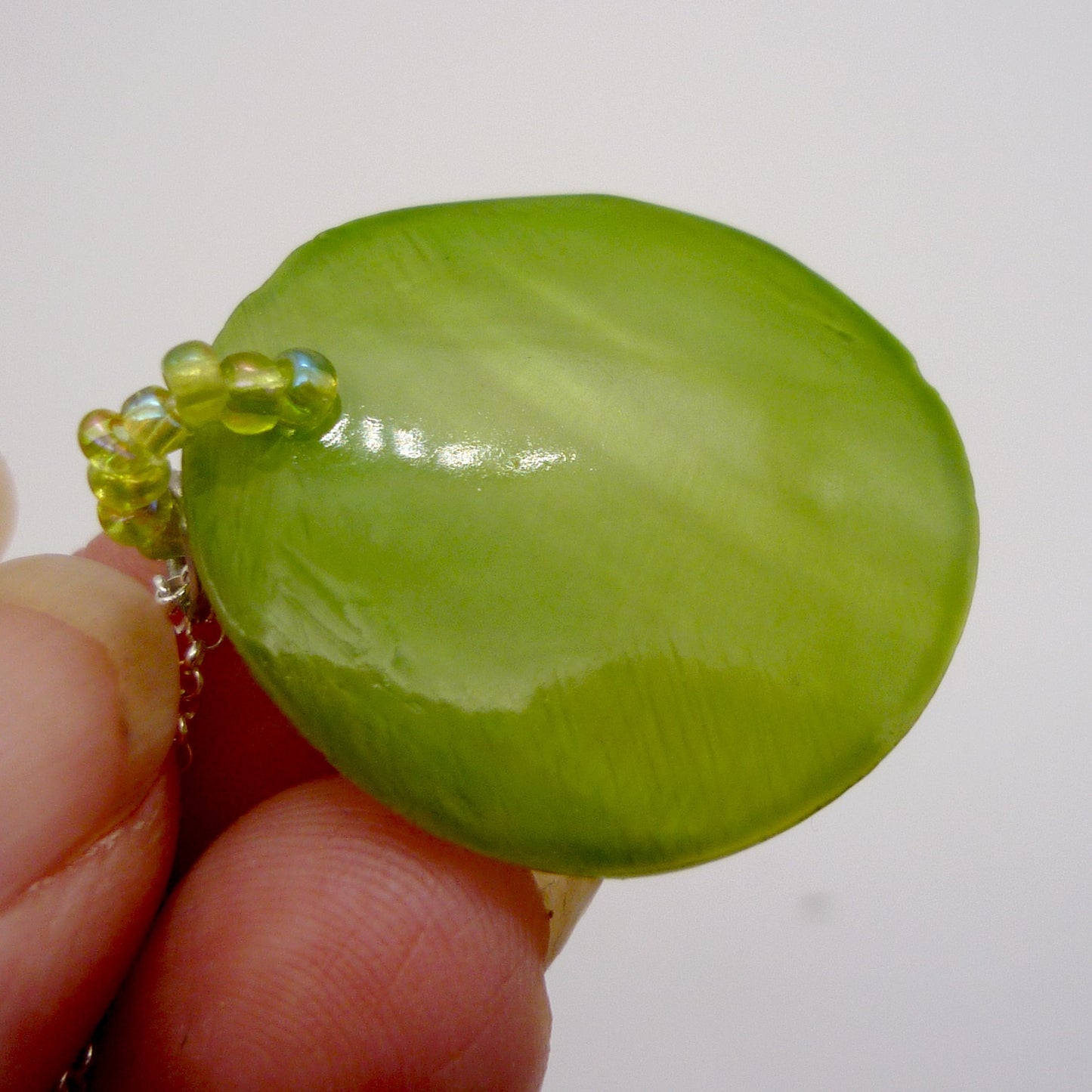 Vintage Small Round Green Shell Disc Pendant on Dainty Silver Chain