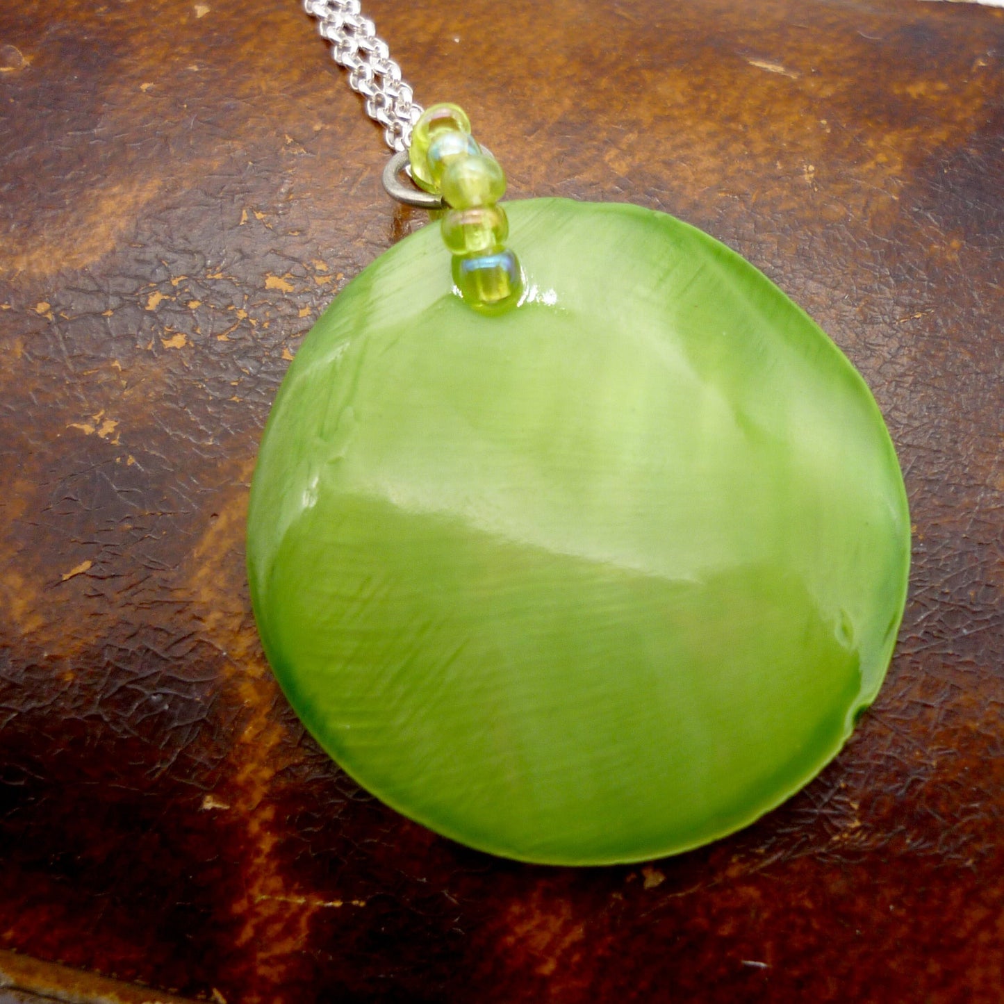 Vintage Small Round Green Shell Disc Pendant on Dainty Silver Chain