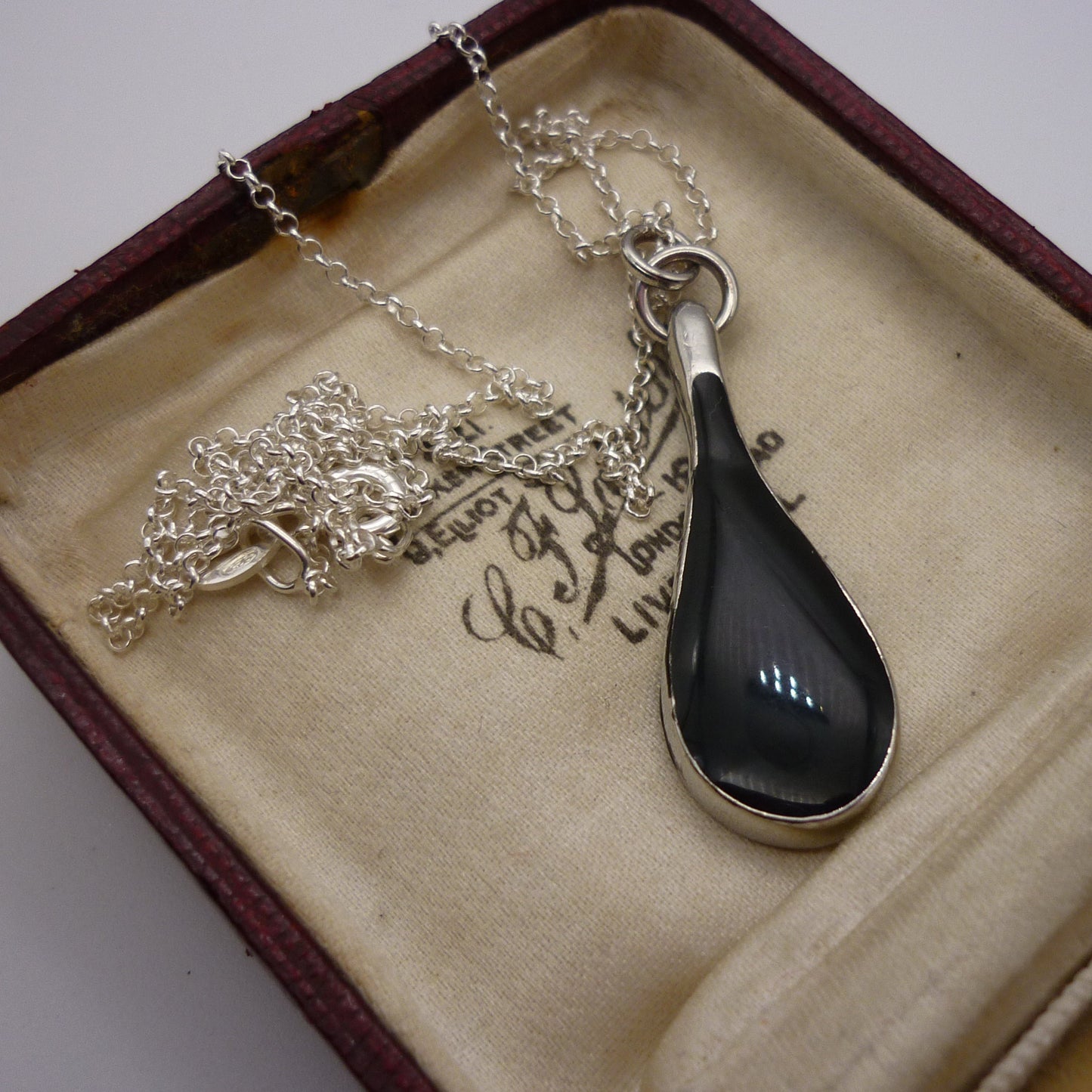 Vintage Black Teardrop Pendant on Dainty Silver Chain