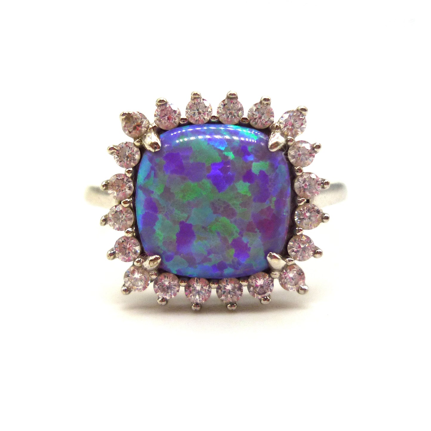 Sterling Silver Blue Green Opal Ring with CZ Halo - Size 8