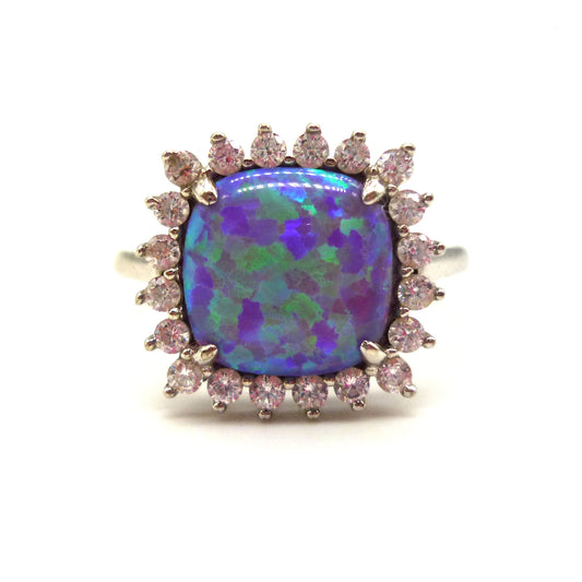 Sterling Silver Blue Green Opal Ring with CZ Halo - Size 8
