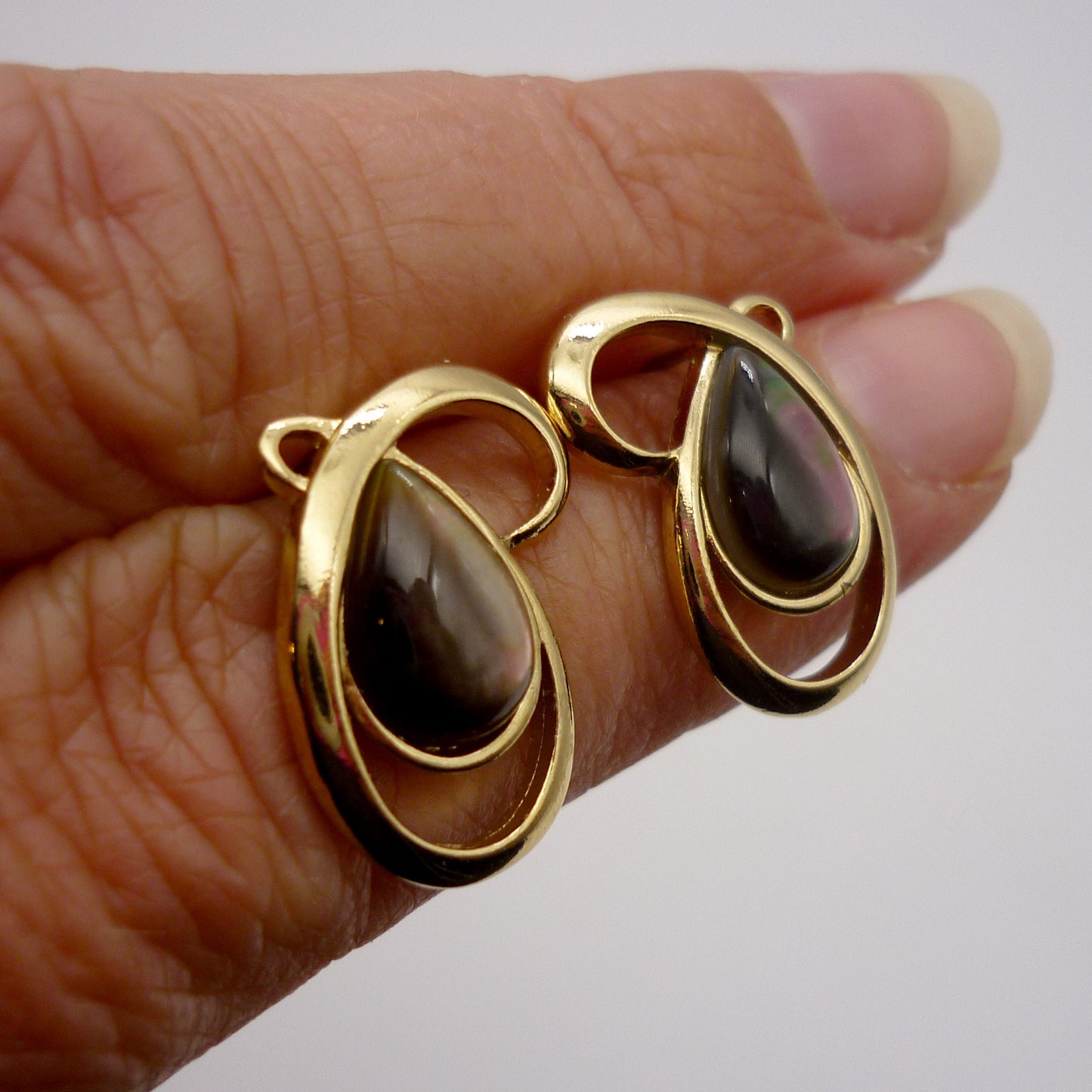 Gold Tone Vintage Costume Earrings with Iridescent Teardrop Centre