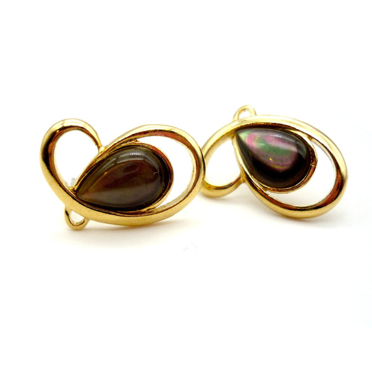 Gold Tone Vintage Costume Earrings with Iridescent Teardrop Centre