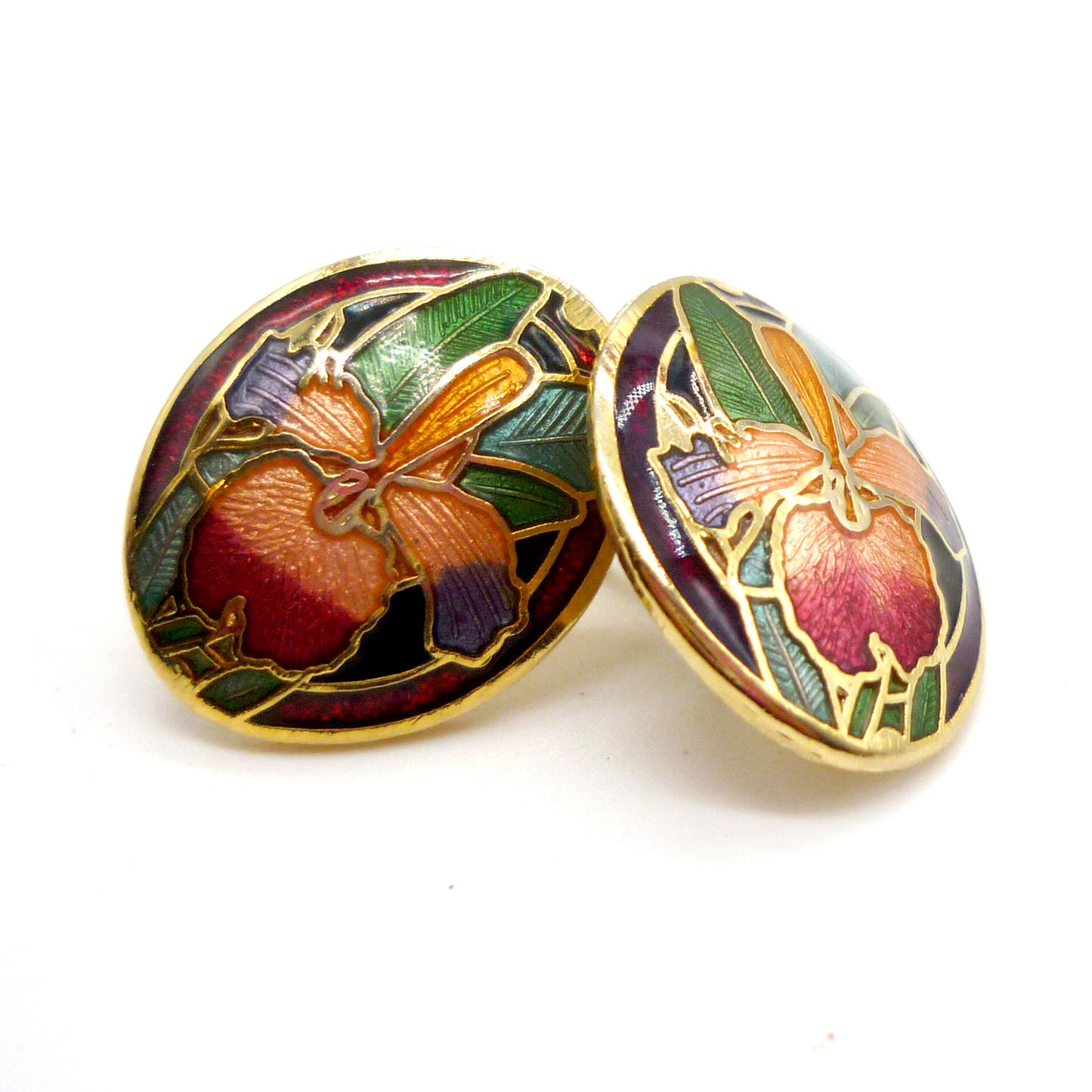 Vintage Cloisonne Enamel Iris Earrings