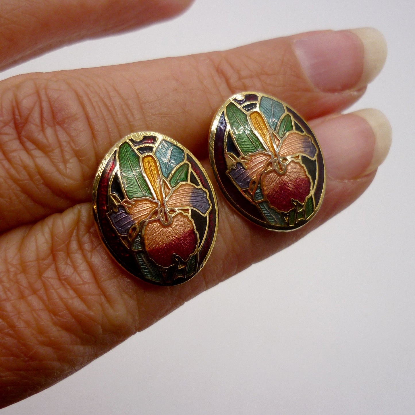 Vintage Cloisonne Enamel Iris Earrings
