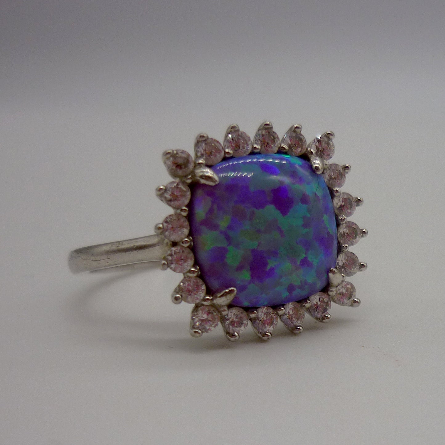 Sterling Silver Blue Green Opal Ring with CZ Halo - Size 8