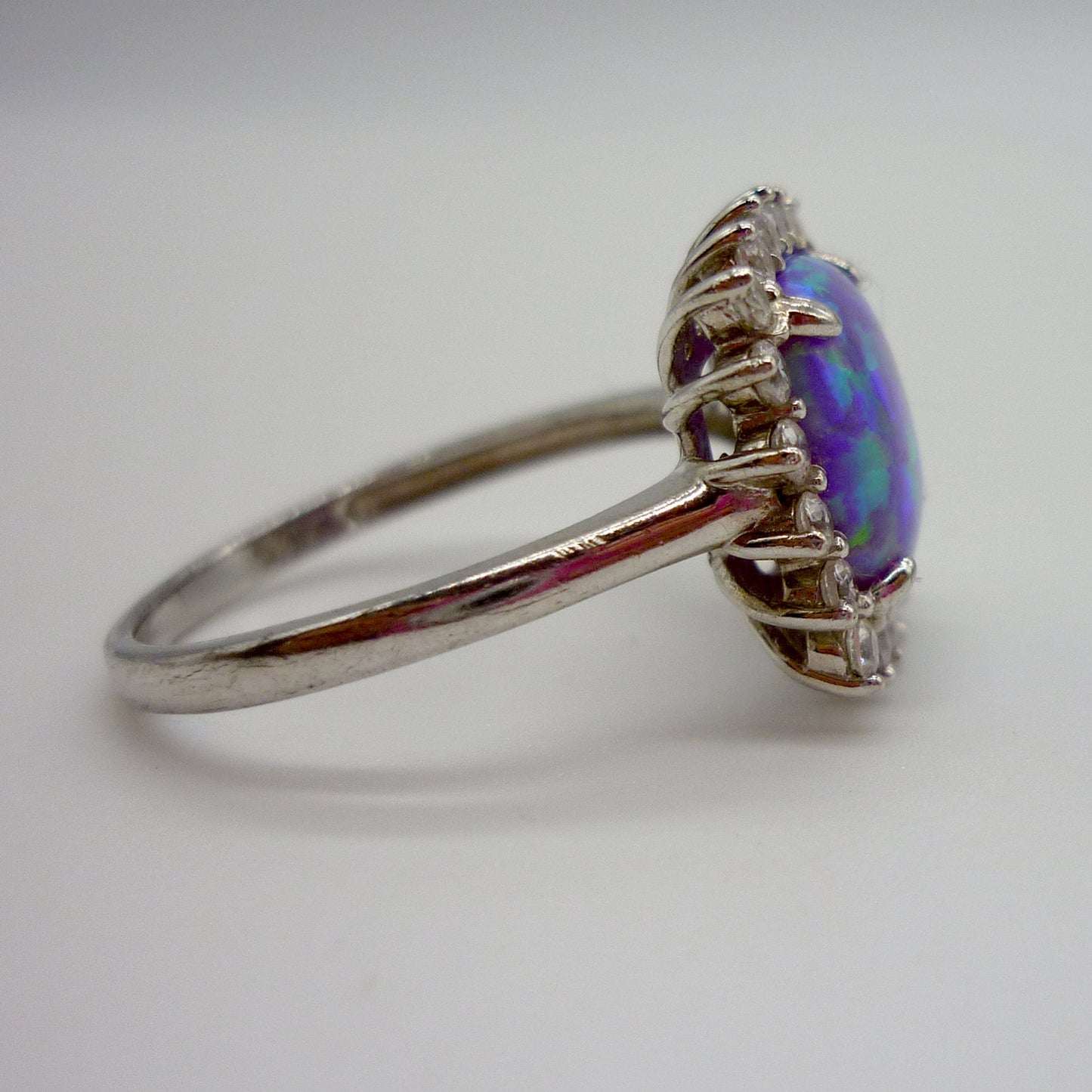 Sterling Silver Blue Green Opal Ring with CZ Halo - Size 8
