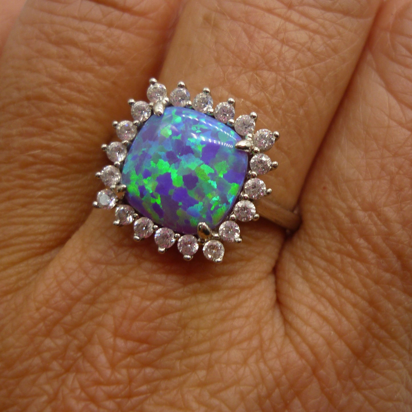 Sterling Silver Blue Green Opal Ring with CZ Halo - Size 8