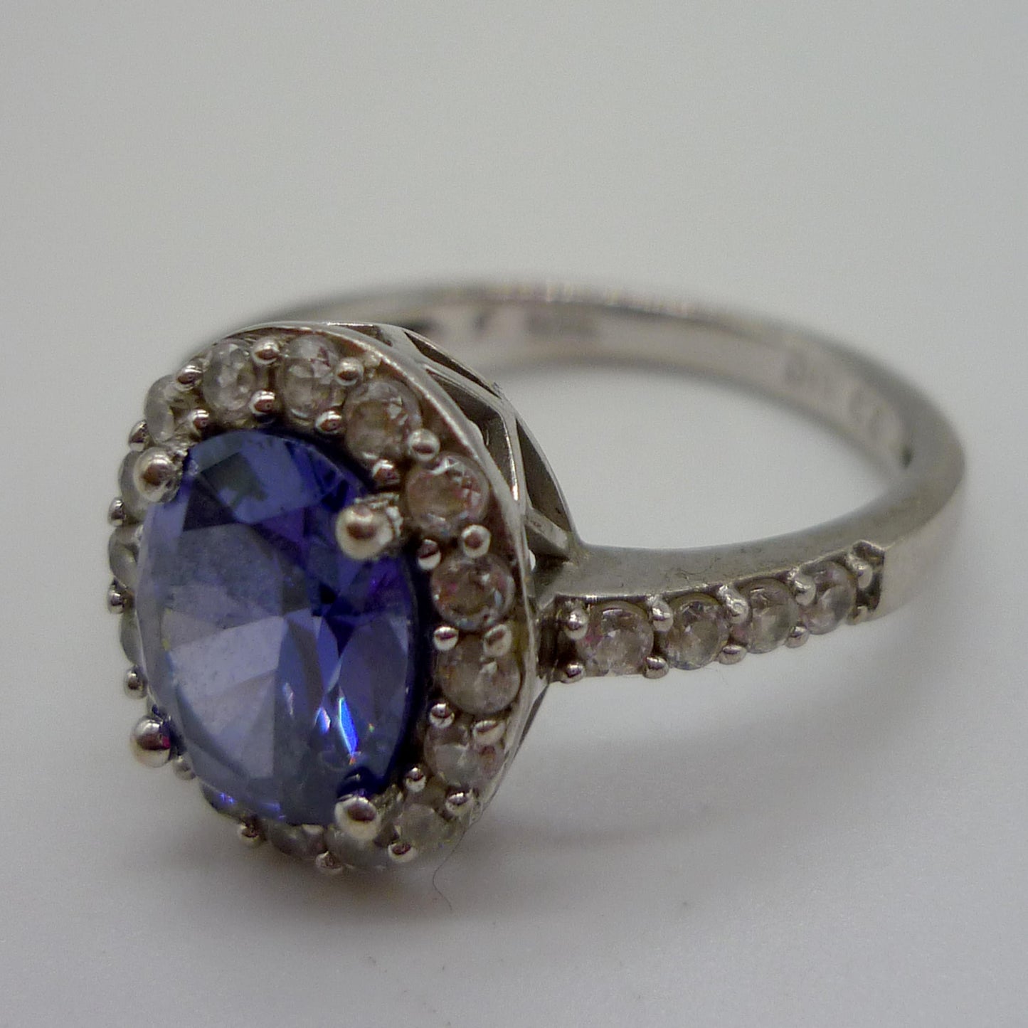 Synthetic Sapphire and Diamond Ring Size 7, Silver Ring with Cubic Zirconia