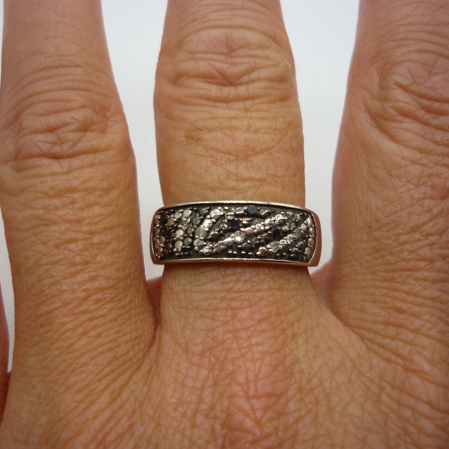 Thick Sterling Band with Black & Silver Abstract Pattern