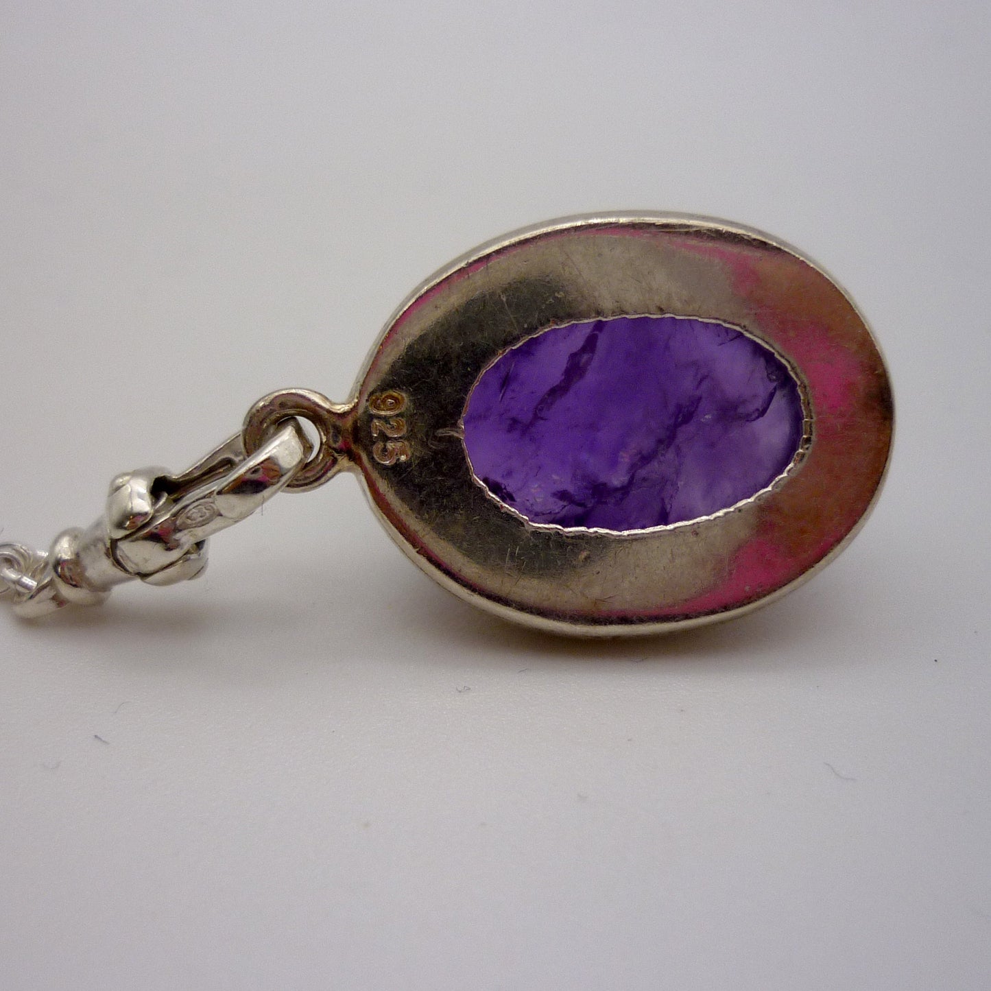 Amethyst Cabochon Pendant on a Long Silver Belcher Chain with Small Albert Clasp