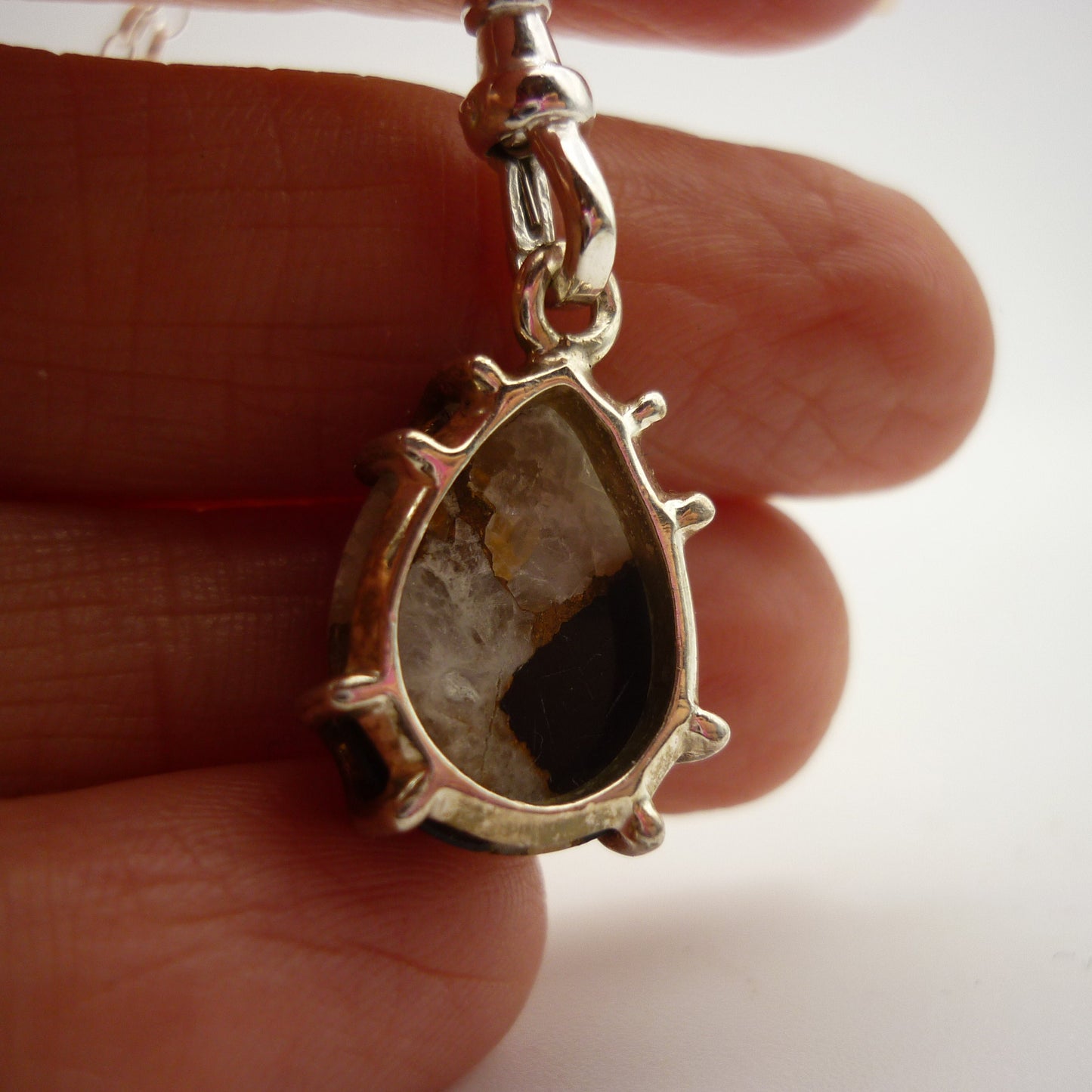 Septarian Cabochon Pendant on a Long Silver Belcher Chain with Small Albert Clasp